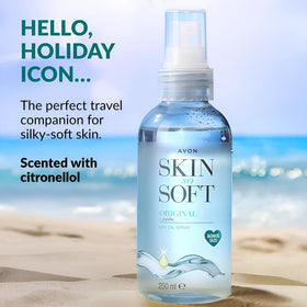 AVON SKIN SO SOFT being sprayed onto forearm for quick hydration