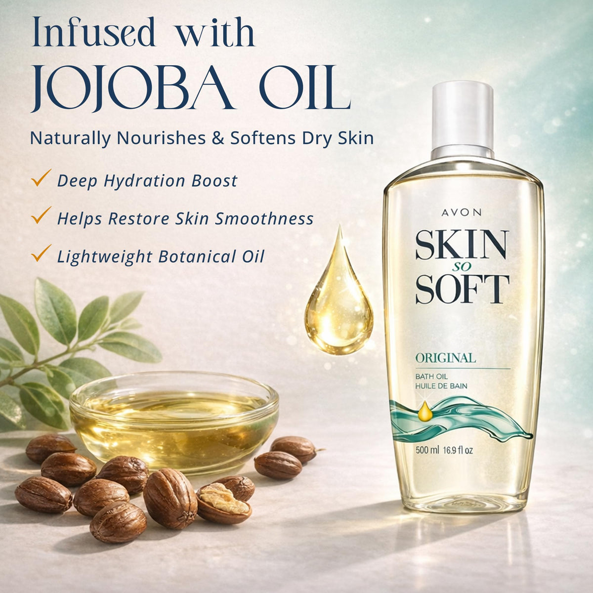 AVON Skin So Soft jojoba ingredient detail highlighting natural moisturizing benefit