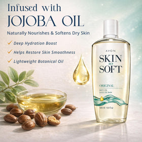 AVON Skin So Soft jojoba ingredient detail highlighting natural moisturizing benefit