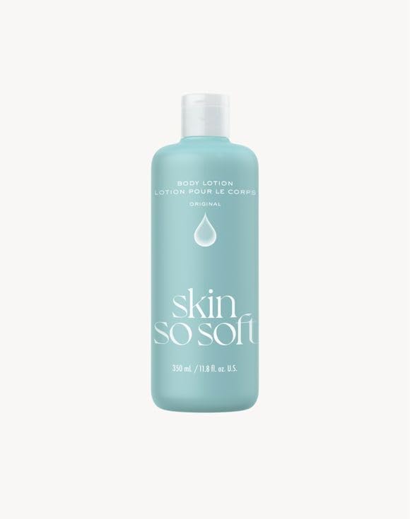 AVON Skin So Soft on bathroom vanity in lifestyle scene, daily routine convenience benefit