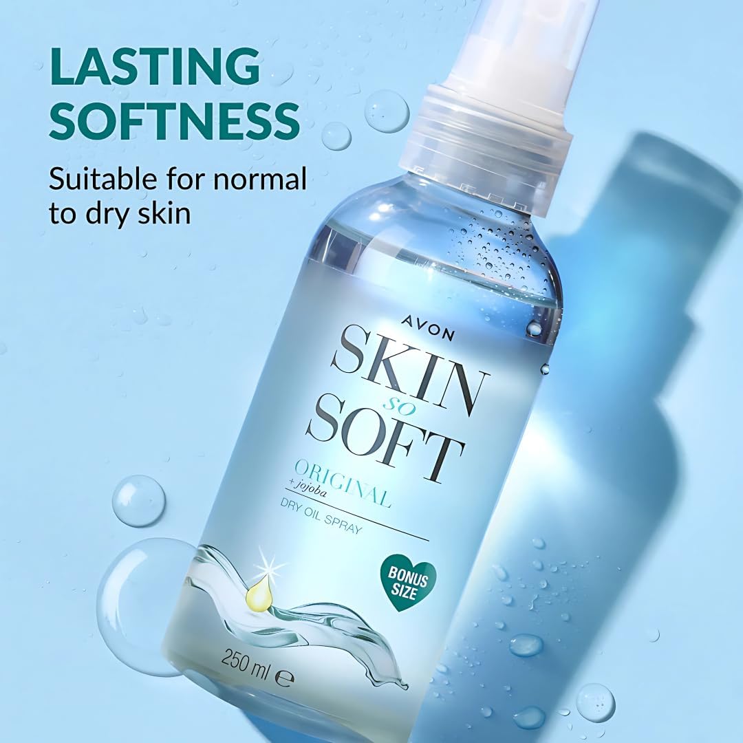 AVON SKIN SO SOFT oil texture droplet highlighting jojoba smooth finish