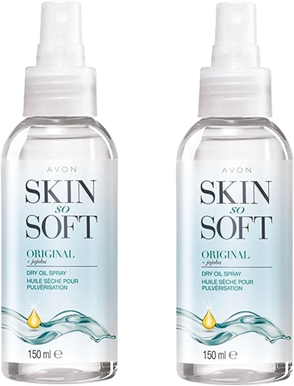 AVON SKIN SO SOFT front packaging showing twin 150ml bottles and benefits