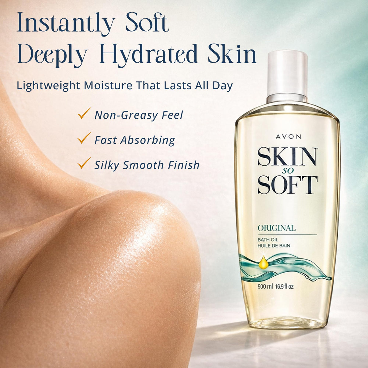 AVON Skin So Soft pouring oil texture close-up demonstrating quick absorption
