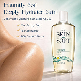 AVON Skin So Soft pouring oil texture close-up demonstrating quick absorption