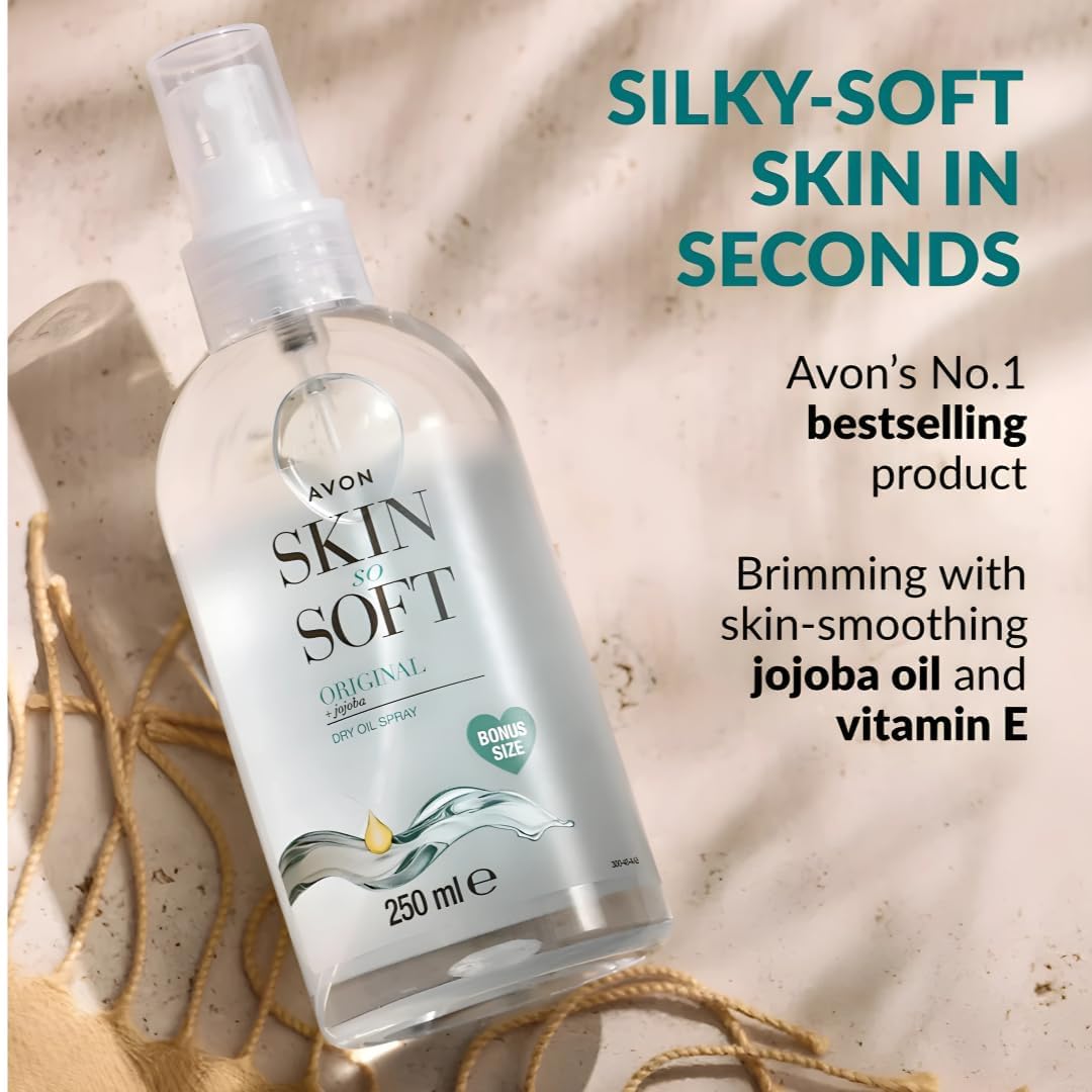 AVON SKIN SO SOFT next to travel toiletries showing portable 250 ml size