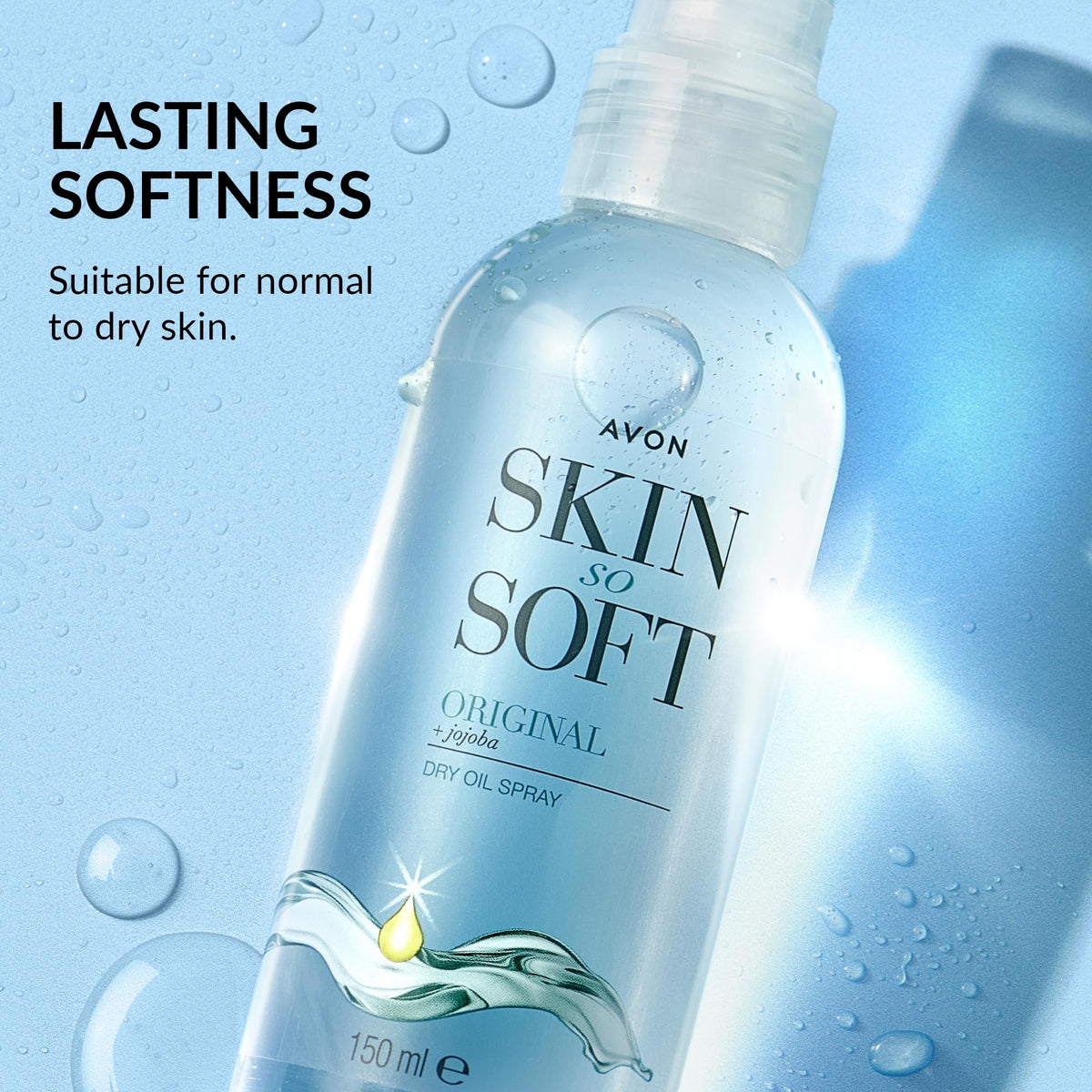 AVON SKIN SO SOFT size comparison with travel items showing compact 150ml convenience