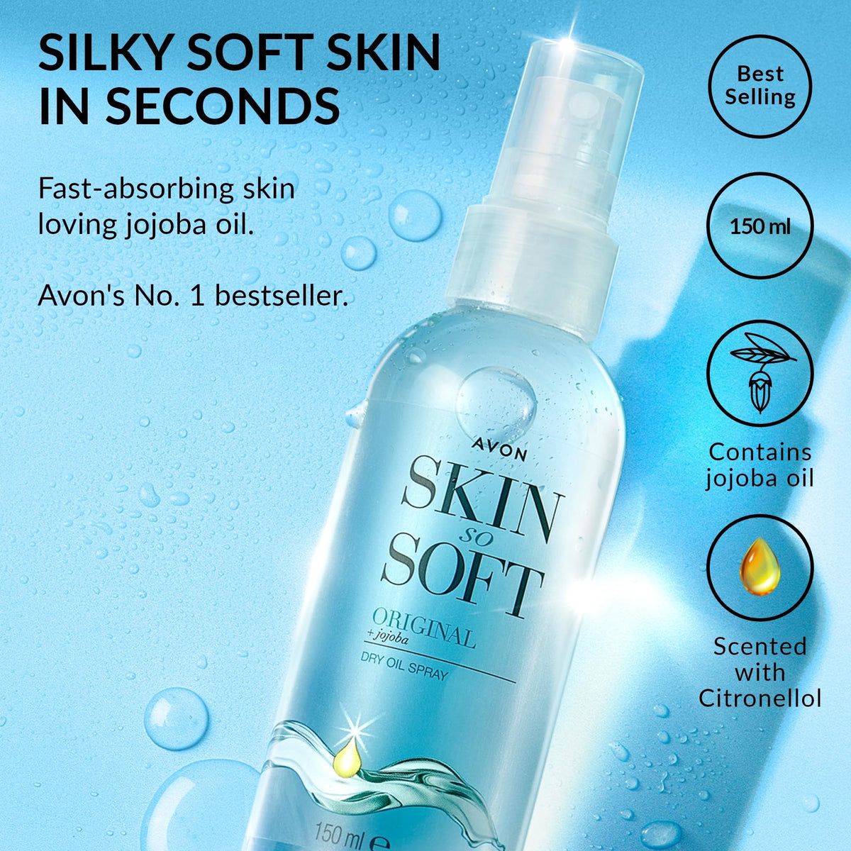 AVON SKIN SO SOFT spray action mist demonstrating quick, even coverage for fast application