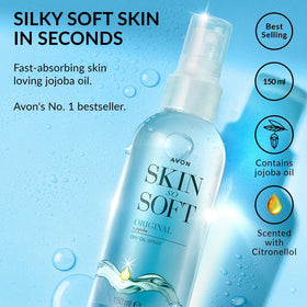 AVON SKIN SO SOFT spray action mist demonstrating quick, even coverage for fast application