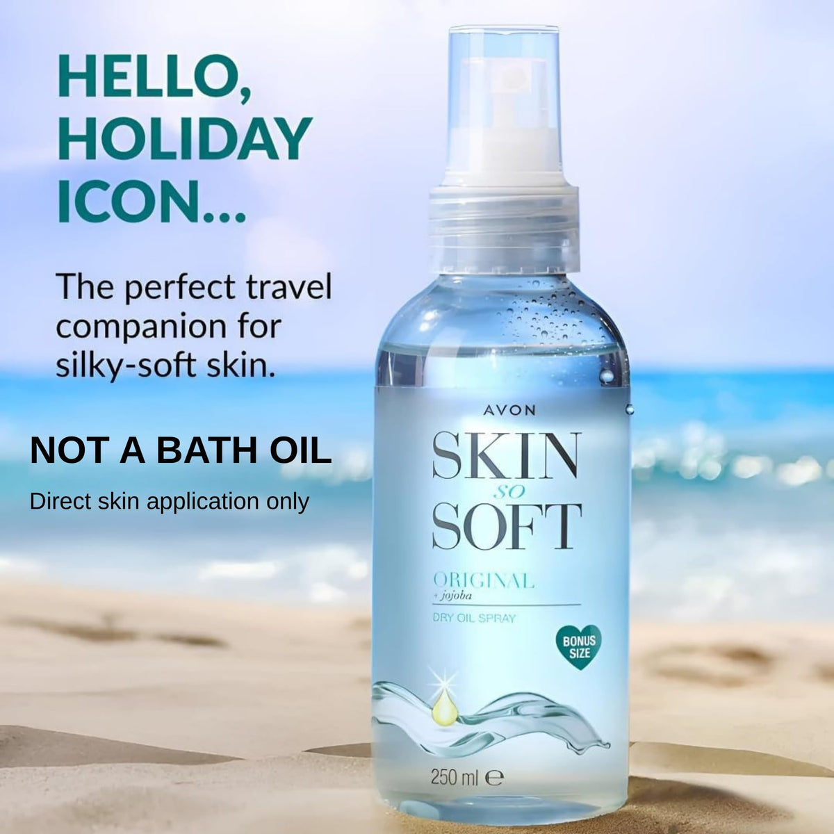 AVON SKIN SO SOFT spray action being applied to skin demonstrating easy, even coverage