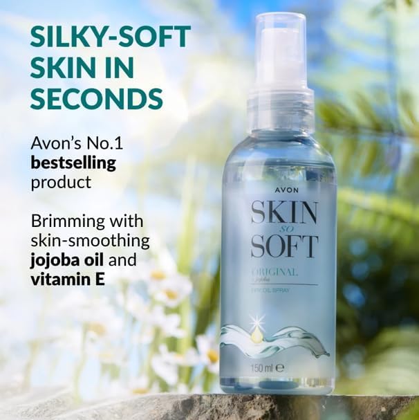 AVON SKIN SO SOFT mist on damp skin after shower to lock in moisture