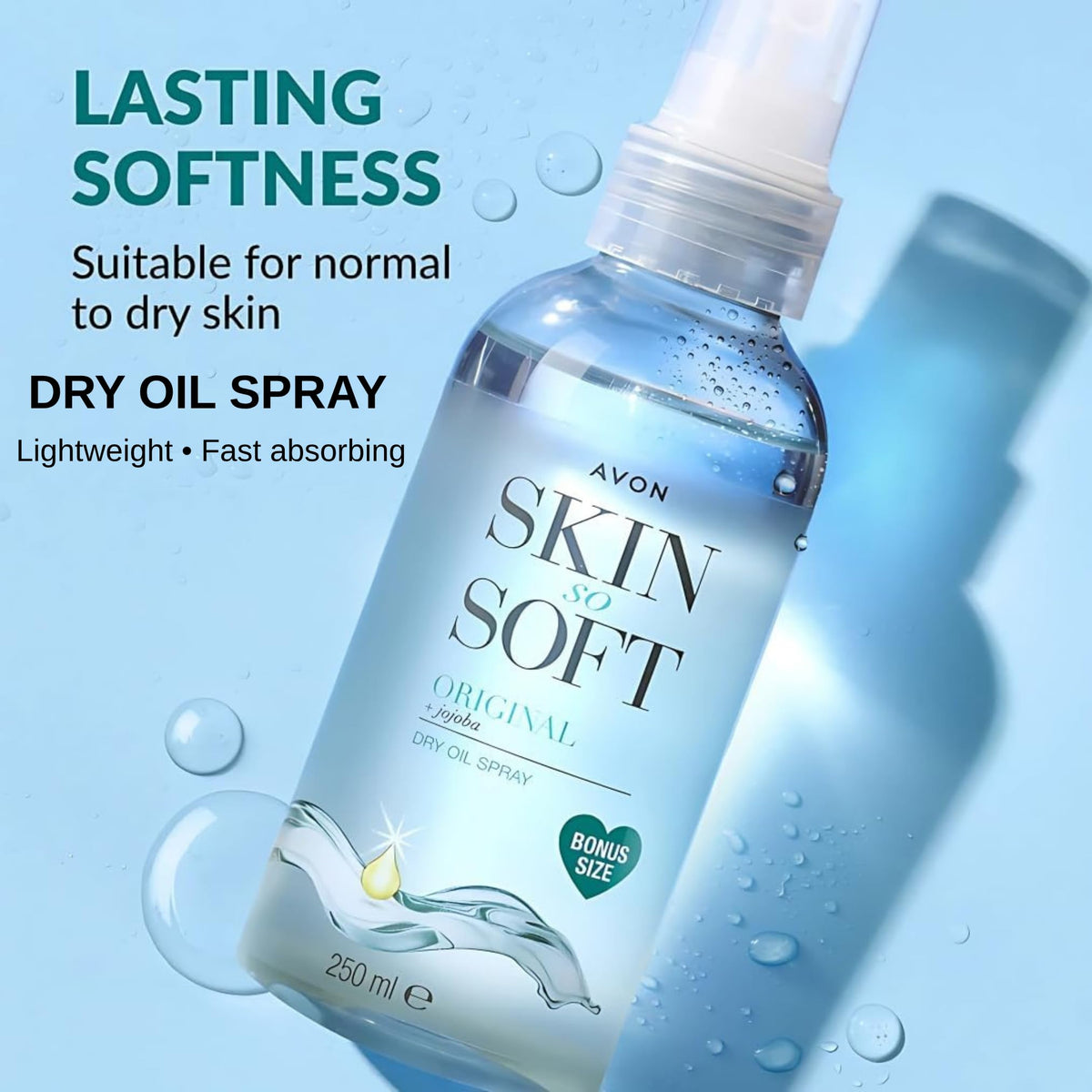 AVON SKIN SO SOFT texture close-up highlighting lightweight, non-greasy finish for comfort