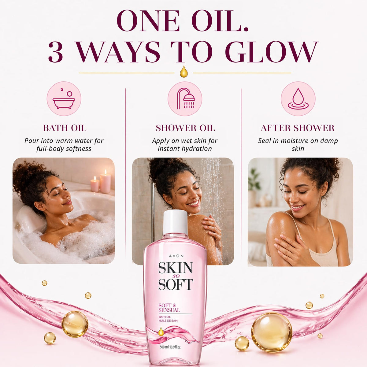 AVON oil on wet skin demonstrating smooth non-greasy finish and hydration