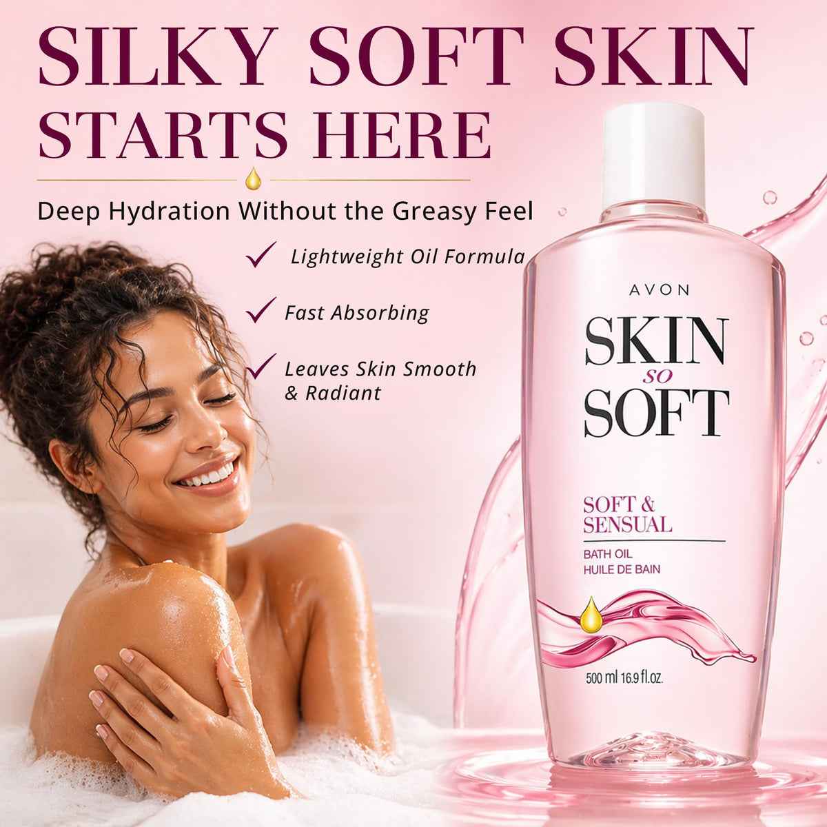 AVON oil pouring close-up showing silky texture and quick absorption benefit