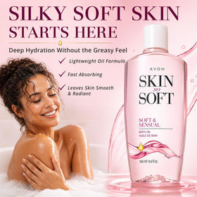 AVON oil pouring close-up showing silky texture and quick absorption benefit