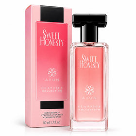 AVON bottle front view showing Sweet Honesty floral design and compact size