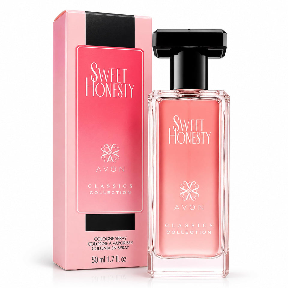 AVON bottle front view showing Sweet Honesty floral design and compact size