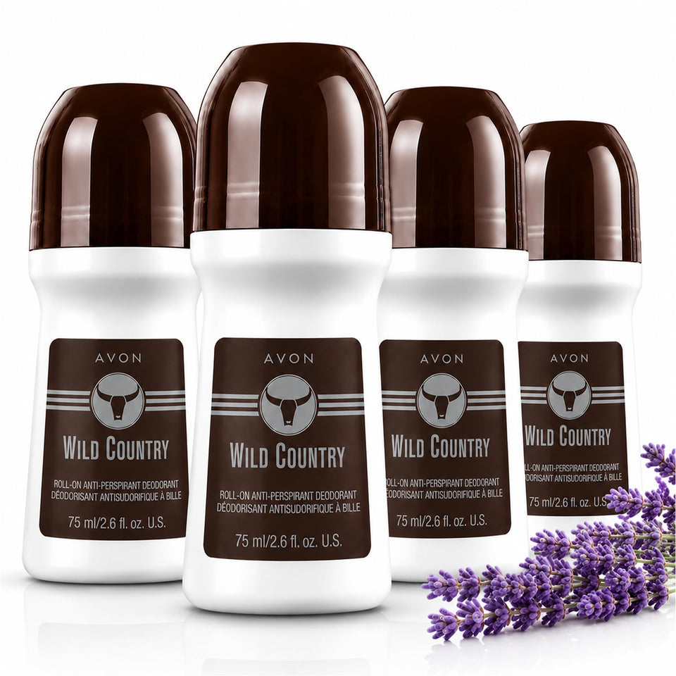 AVON front packaging of Wild Country four-pack showing product and brand benefits