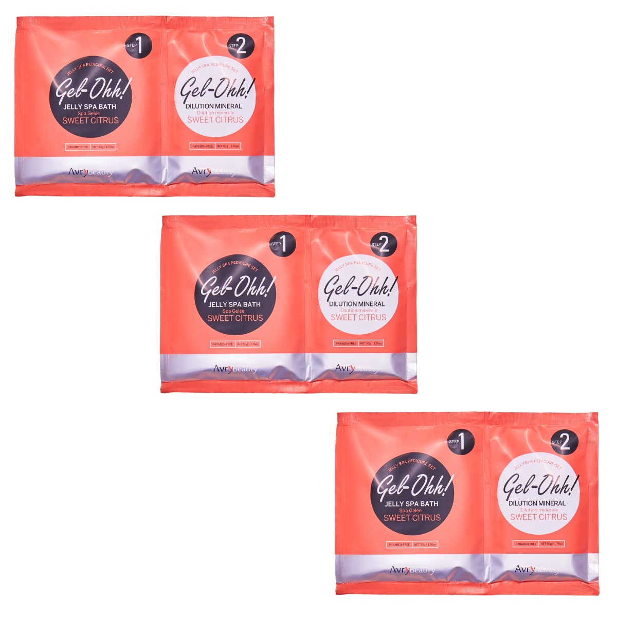 AVRYBEAUTY front packaging shows three citrus jelly pedicure pods and benefits