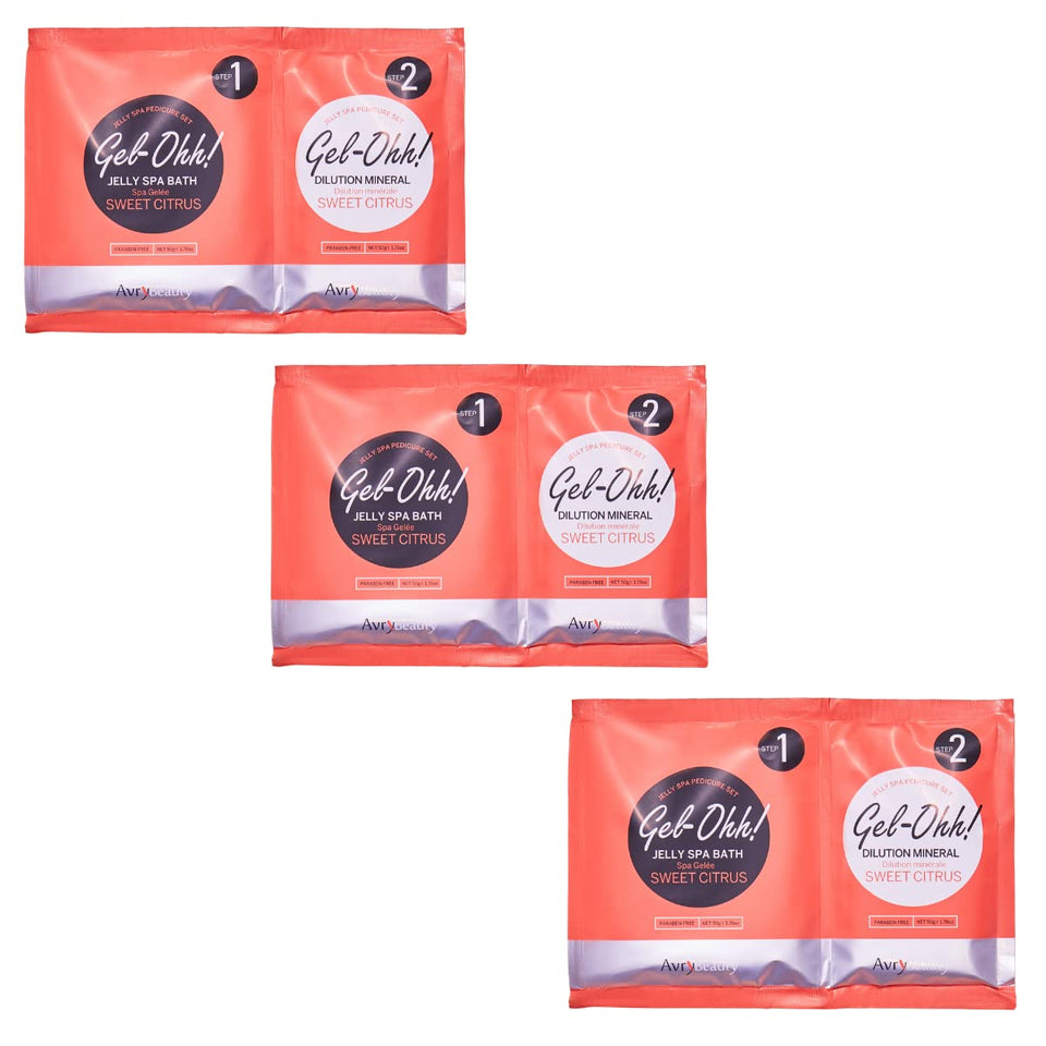 AVRYBEAUTY front packaging shows three citrus jelly pedicure pods and benefits