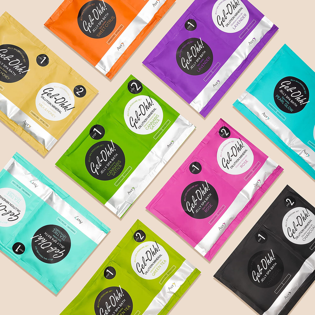 AVRYBEAUTY spa-style bath scene with pods, towel, and citrus for relaxation