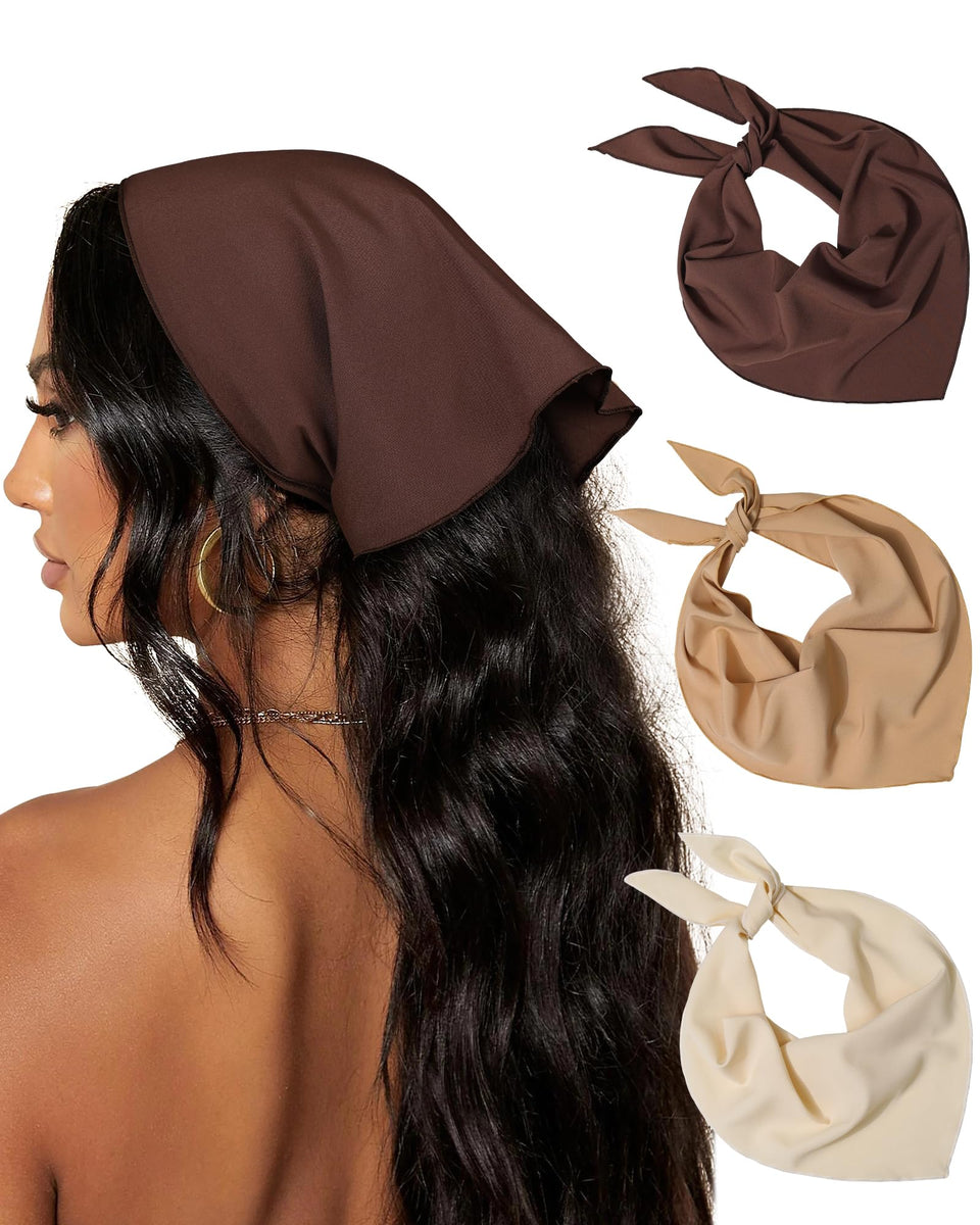AWAYTR front view of three beige khaki brown bandanas showing neat edges and colors