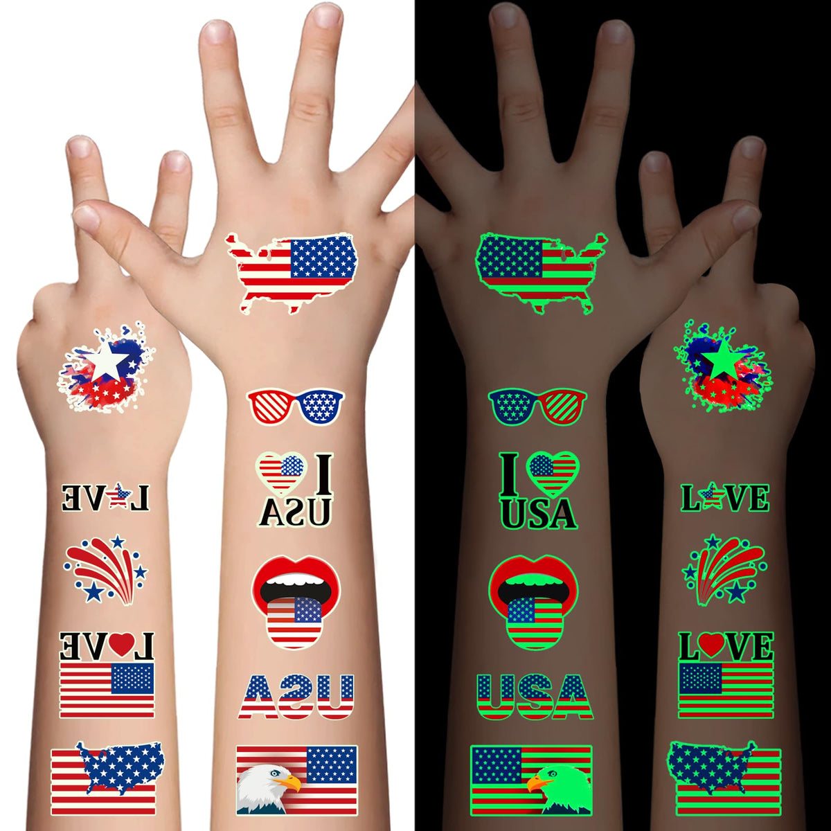 AWINMAY front packaging showing 80-piece patriotic tattoo set for easy party prep