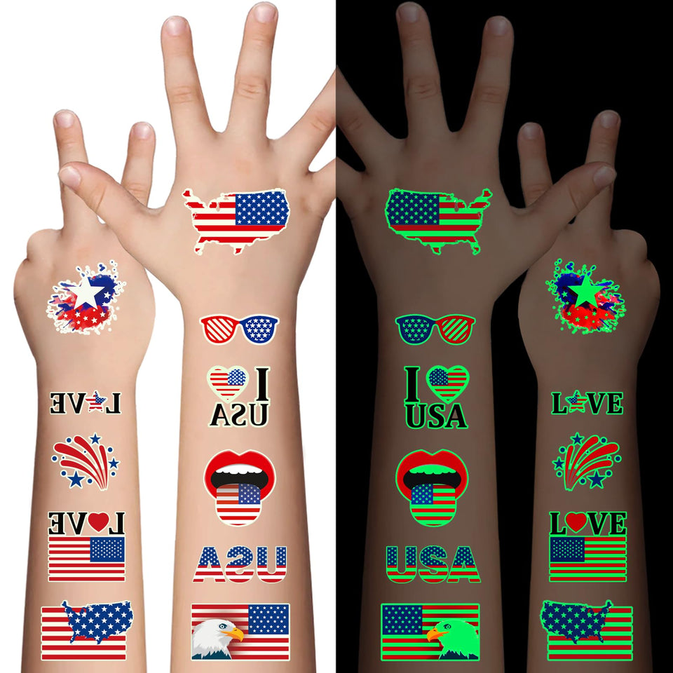 AWINMAY front packaging showing 80-piece patriotic tattoo set for easy party prep