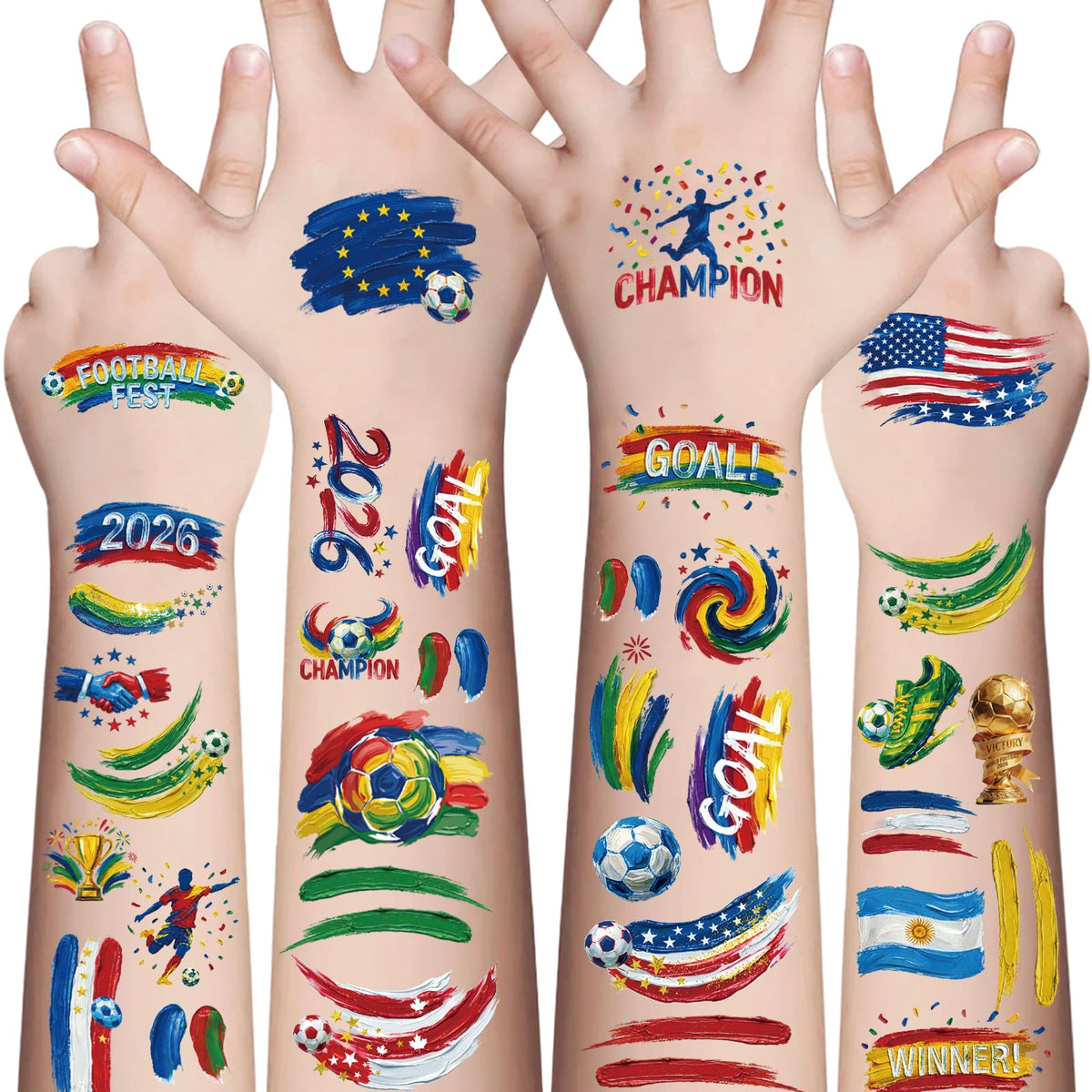 AWINMAY front packaging showing 45-piece soccer tattoo set, clear designs for parties