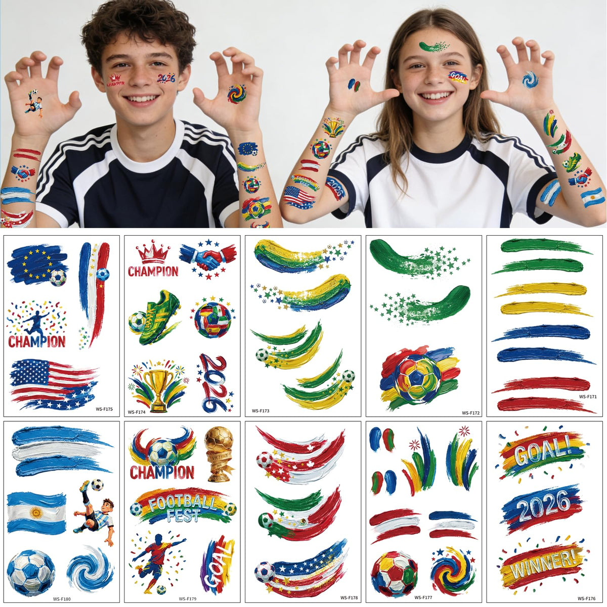 AWINMAY close-up tattoo sheet detail showing colorful soccer icons and numbers