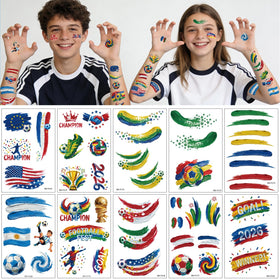 AWINMAY close-up tattoo sheet detail showing colorful soccer icons and numbers