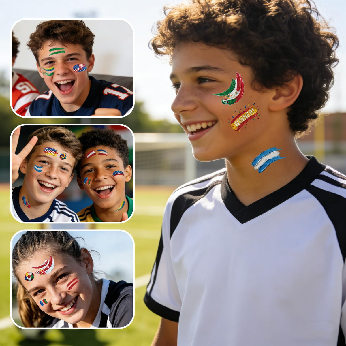 AWINMAY kids wearing temporary soccer tattoos enjoying a sports-themed party