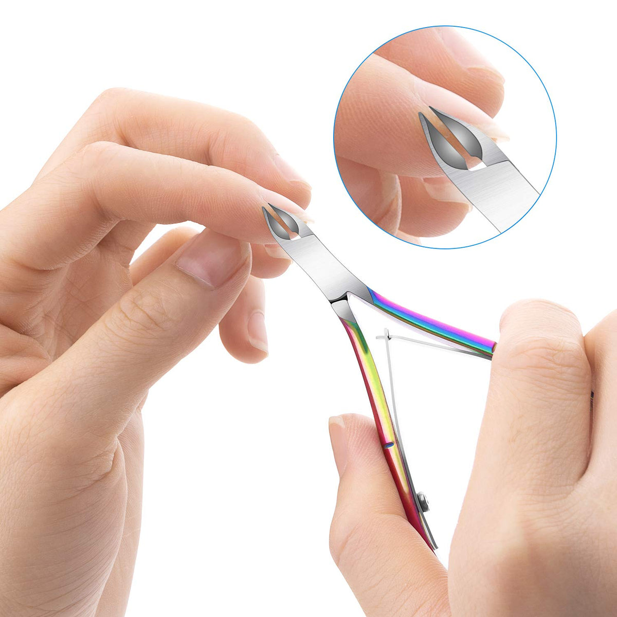 Awpeye in-use trimming cuticle on fingernail demonstrating neat, safe results