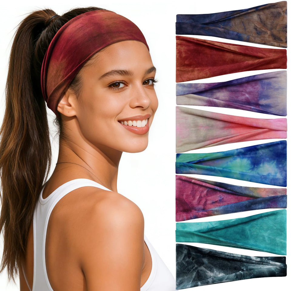 Awumbuk front view of 8-pack headbands showing colors and patterns for outfit matching
