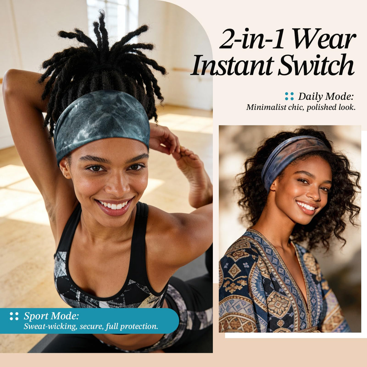 Awumbuk flat-lay showing all eight patterned and solid headbands for styling options