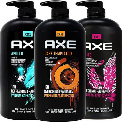 AXE 3-pack front view showing all three 32 oz bottles and scent variety benefits