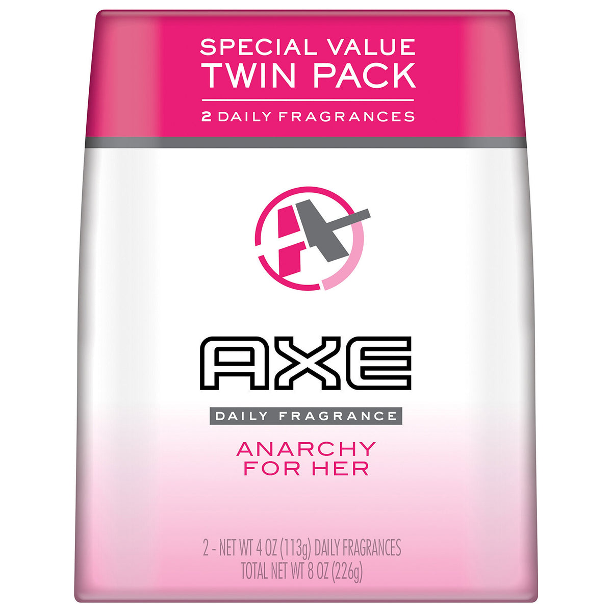 AXE Anarchy For Her front packaging showing twin pack and scent benefit