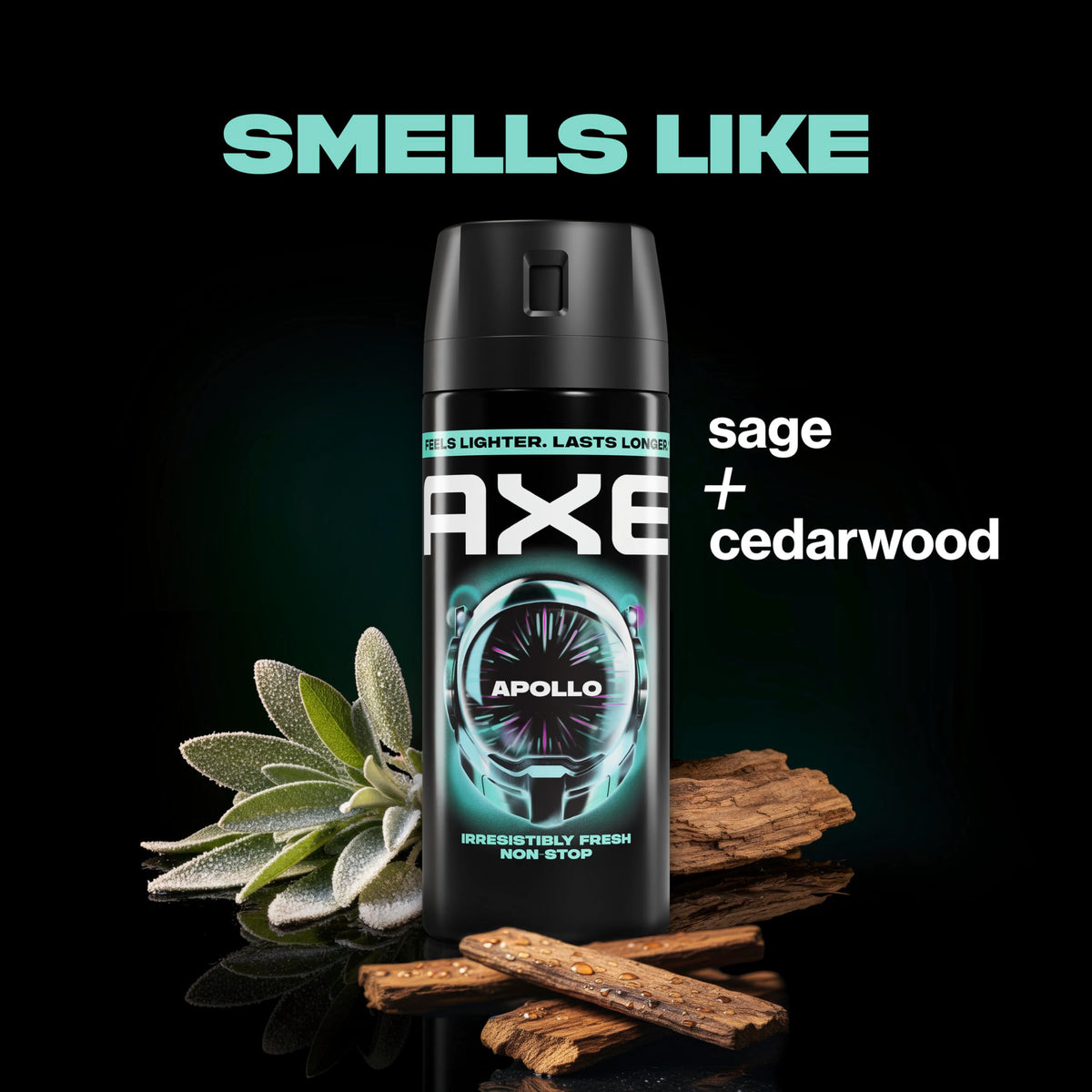 AXE Apollo close-up label highlighting clean woody scent benefit