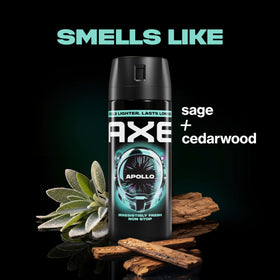AXE Apollo close-up label highlighting clean woody scent benefit