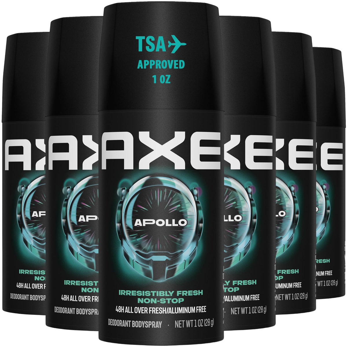 AXE Apollo front packaging showing six travel-size cans for convenience