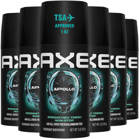 AXE Apollo front packaging showing six travel-size cans for convenience