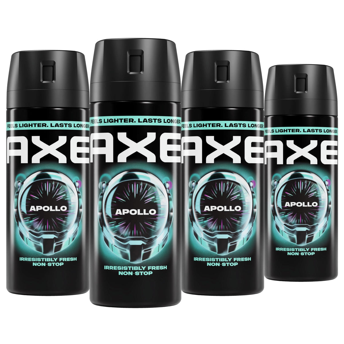 AXE Apollo front packaging showing four 2.9 oz cans, convenient freshness