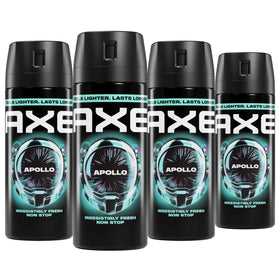 AXE Apollo front packaging showing four 2.9 oz cans, convenient freshness