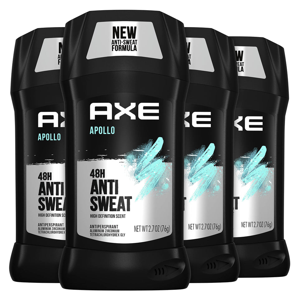 AXE Apollo front packaging shows scent and pack of four for confident freshness