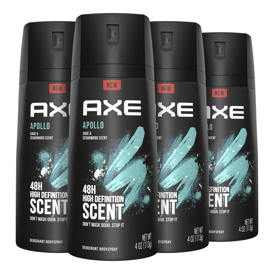 AXE Apollo front packaging showing sage and cedarwood scent and convenience