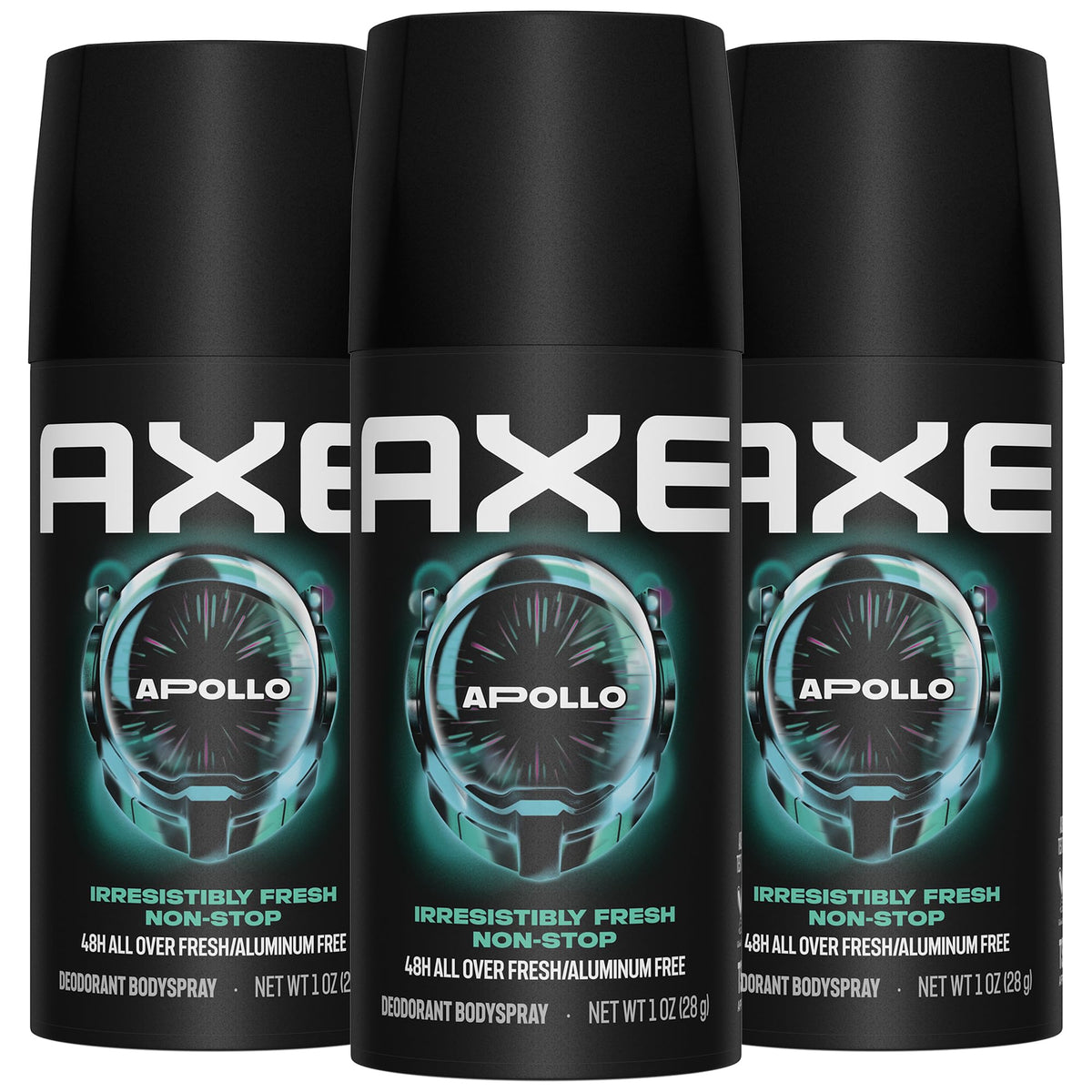 AXE Apollo front packaging showing three travel-size cans and clear branding benefit: compact fresh scent