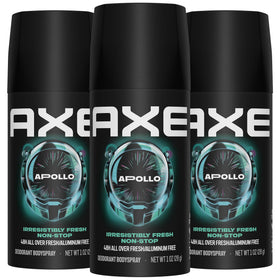 AXE Apollo front packaging showing three travel-size cans and clear branding benefit: compact fresh scent