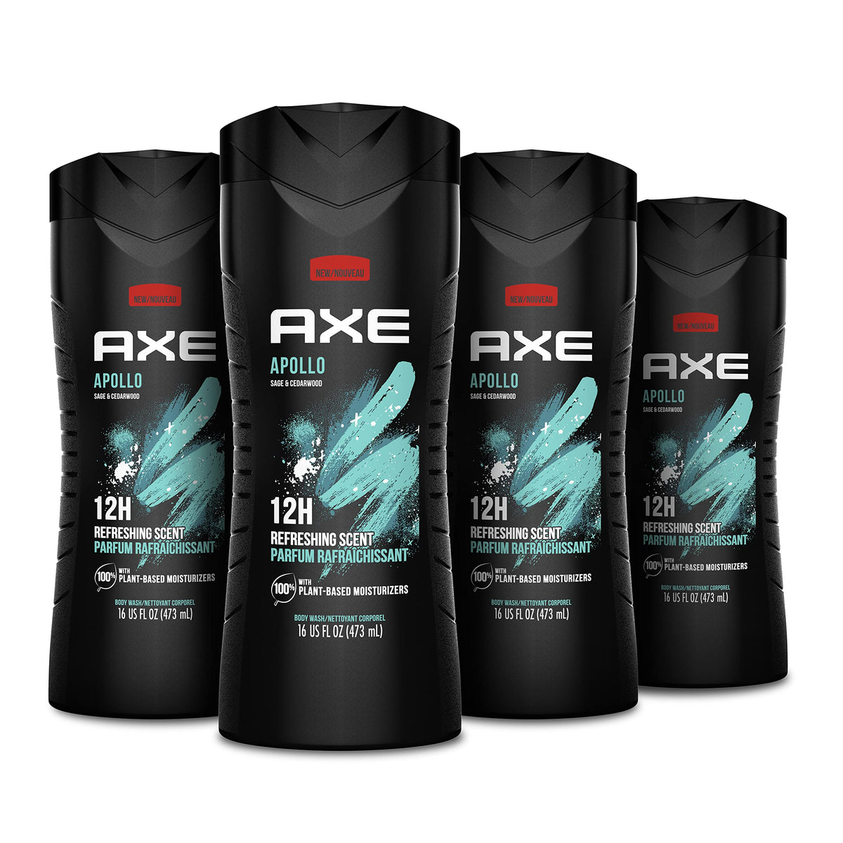 AXE Apollo front packaging showing four bottles and clear brand benefits