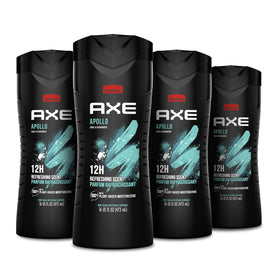 AXE Apollo front packaging showing four bottles and clear brand benefits