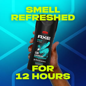 AXE Apollo in-shower use showing man rinsing and staying fresh longer