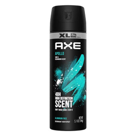 AXE Apollo XL front can showing label and volume, highlights bigger size benefit